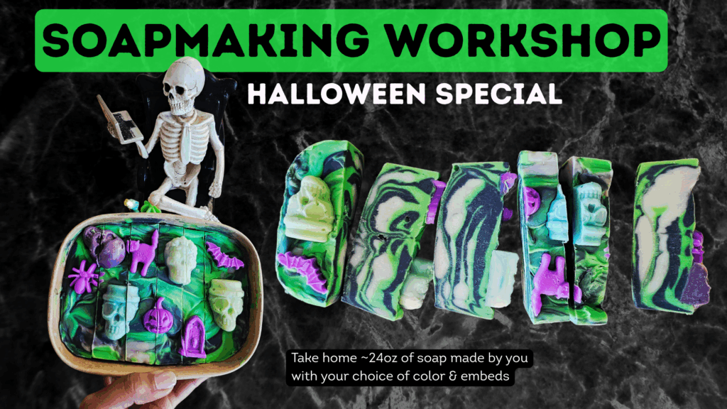 A picture showing colorful halloween themed soaps and inviting you to join a Halloween soapmaking workshop