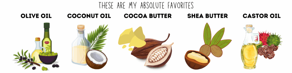 A few common ingredients used by most soap makers- olive oil, Cocoa butter, coconut oil, Shea butter and Castor oil.