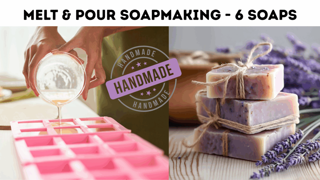 A person pouring soap in the mold and there are a few handmade soaps wrapped beautifully after a melt and pour soapmaking workshop.