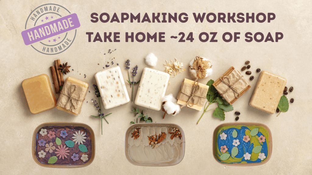 handmade soaps cut and ready and others are freshly poured soaps. Image for soapmaking workshop where participants take 24 oz of soap home.