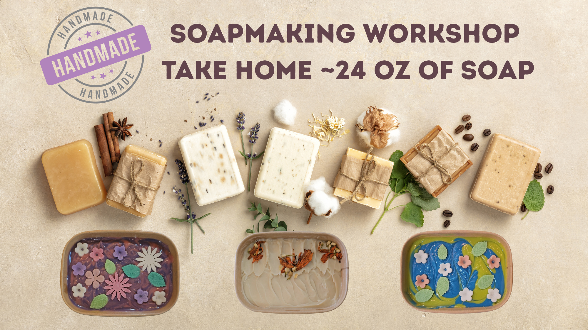 handmade soaps cut and ready and others are freshly poured soaps. Image for soapmaking workshop where participants take 24 oz of soap home.